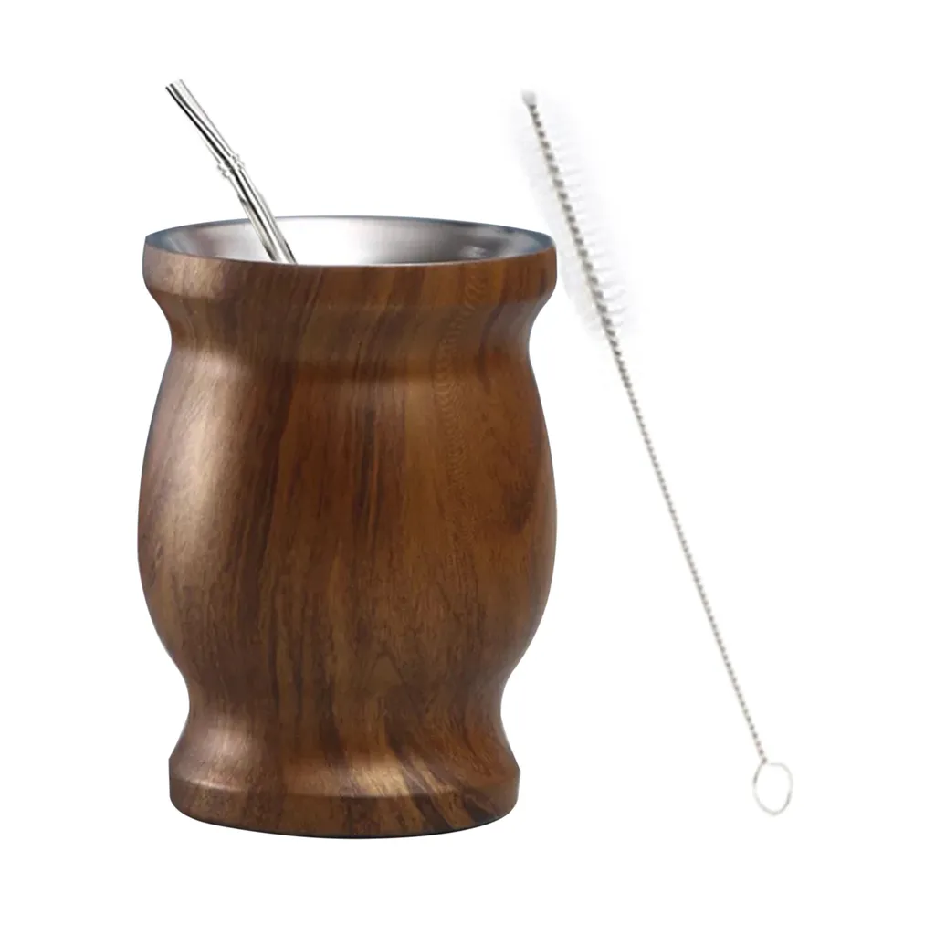 1 Set 8oz/230 ml Dekorative Mate Cup Easy Clean Clean Edelstahl tragbare leichte Teeblasche Tasse für Zuhause-Holzfarbe